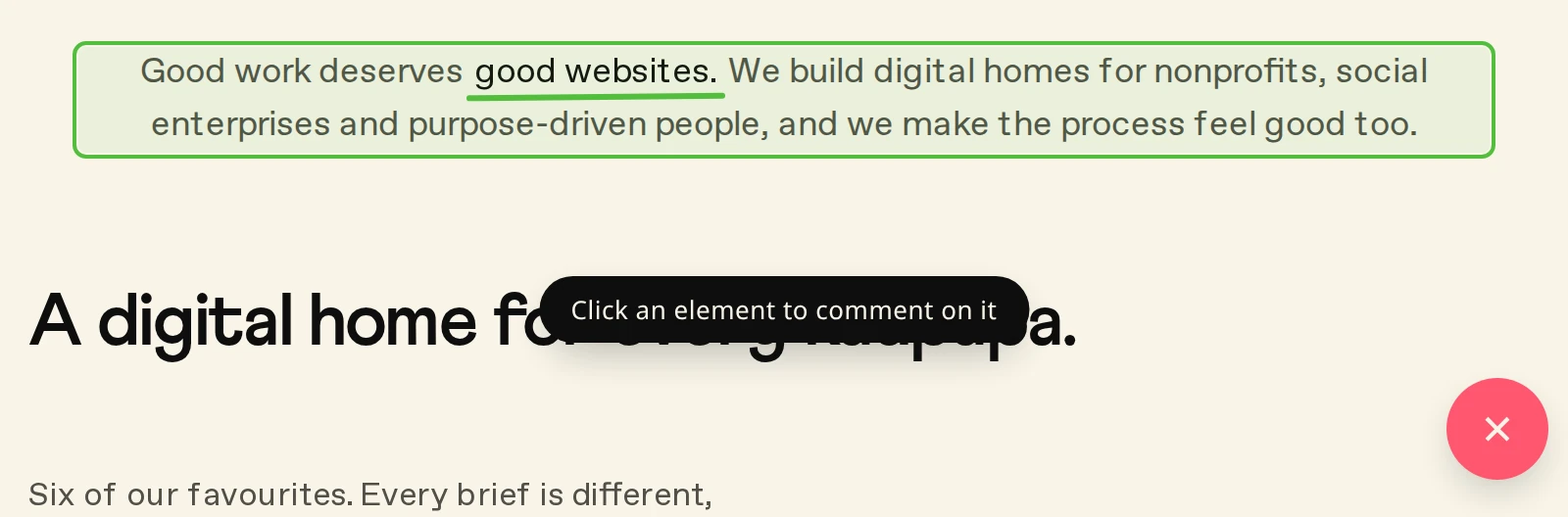 A paragraph on a web page outlined in green, with a prompt reading Click an element to comment on it