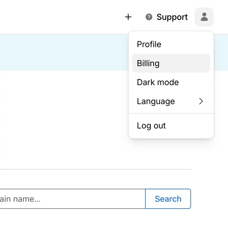 The Cloudflare profile menu open, with Billing highlighted