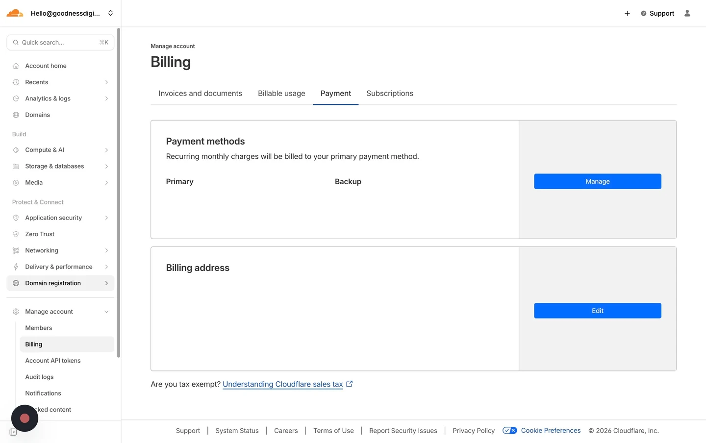 The Cloudflare billing screen on the Payment tab, showing Payment methods and Billing address
