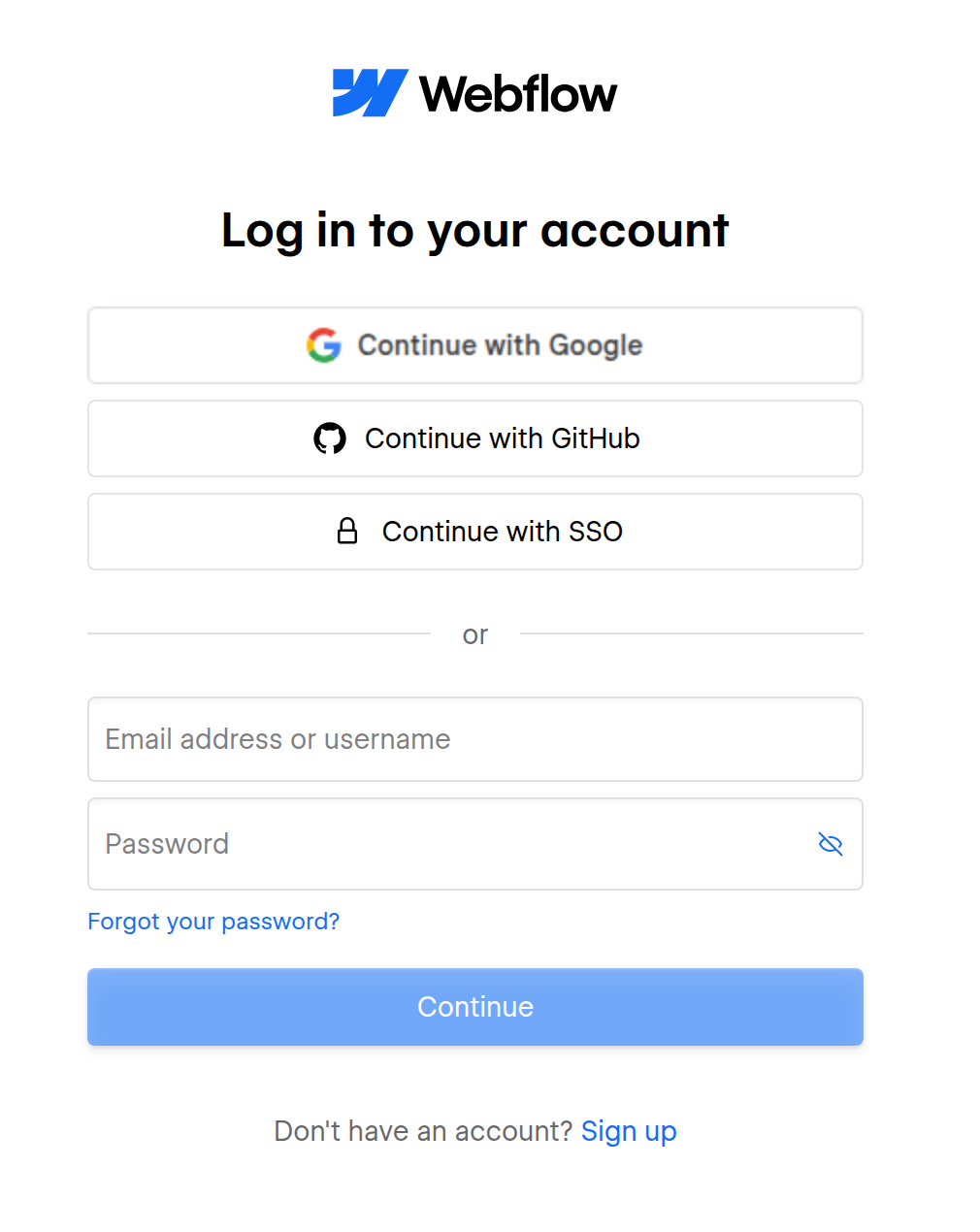 The Webflow log-in screen with email and password fields and a Forgot your password link