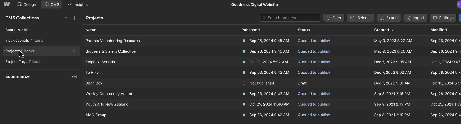 The Webflow CMS panel with the Projects collection open