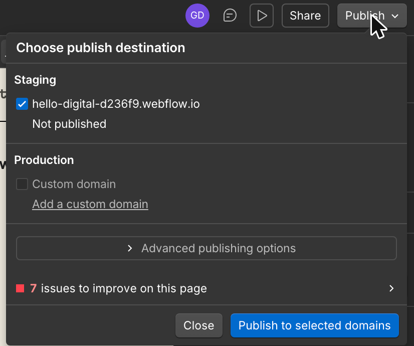 The Publish button and publish panel in the Webflow editor